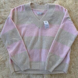 NWT Hollister V-Neck Striped Pink & Beige Sweater, Size Small